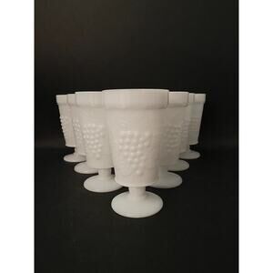 Set of 10 Footed Iced Tea Goblets - White Milk Glass Tumblers Embossed Grapes